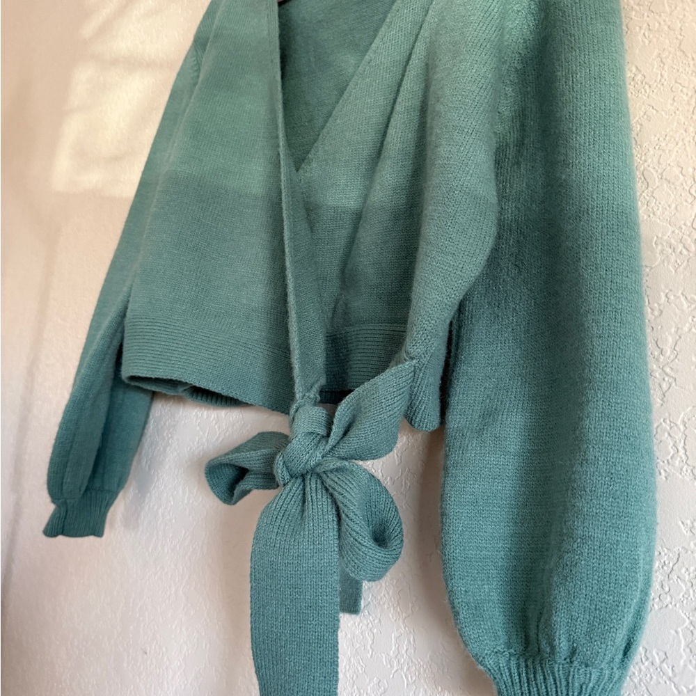Dusty Teal Wrap Sweater - Picture 4 of 17